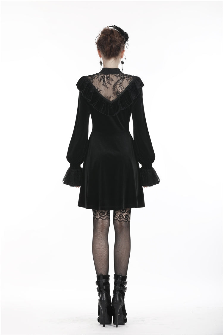 Black V-neck Long Sleeves Ruched Ruffled Lace Women's Lolita Gothic Velvet Dress