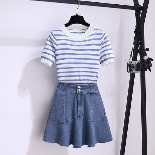 Blue Stripe Knitted T-Shirt High Waist Denim Skirt