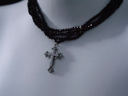 Silver Cross Pendant Black Multi Layers Necklace