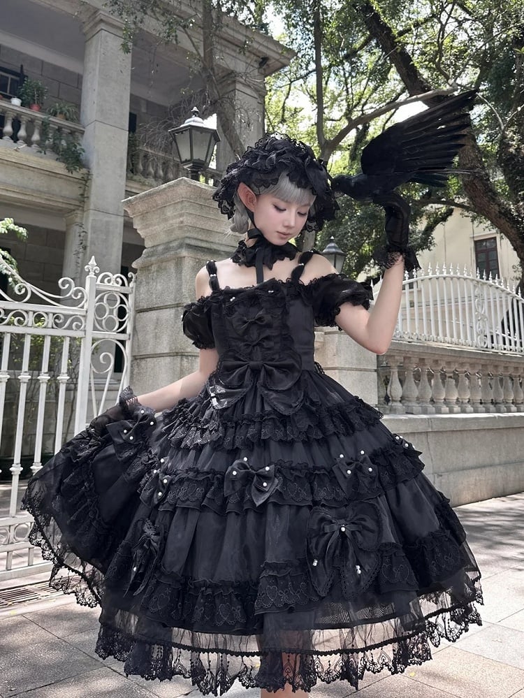 Princess Big Bead Lolita and Back Accents at with All Bow Details Black Dress