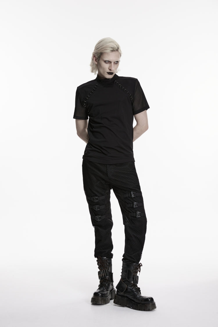 Noir Punk Pants with Buckle Straps and Mesh Detailing