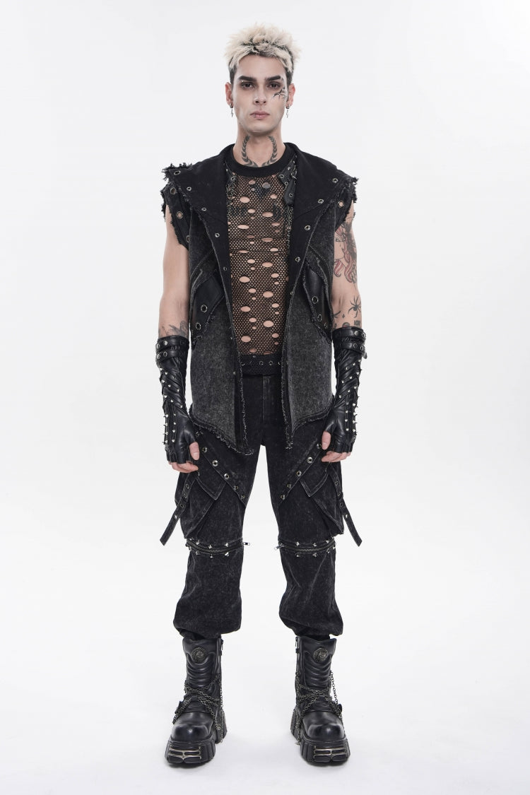 Noir Punk Vest with Hood and Buckle Accents