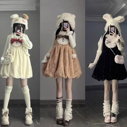 Lolita Bowknot Plush Overalls Puff Sleeve Lace Shirt