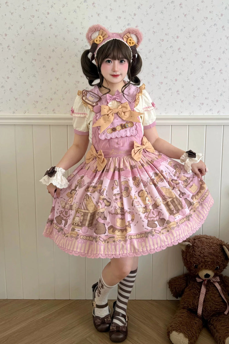 Teddy Bear Cookie Dessert Print Dress with Bow & Ruffles