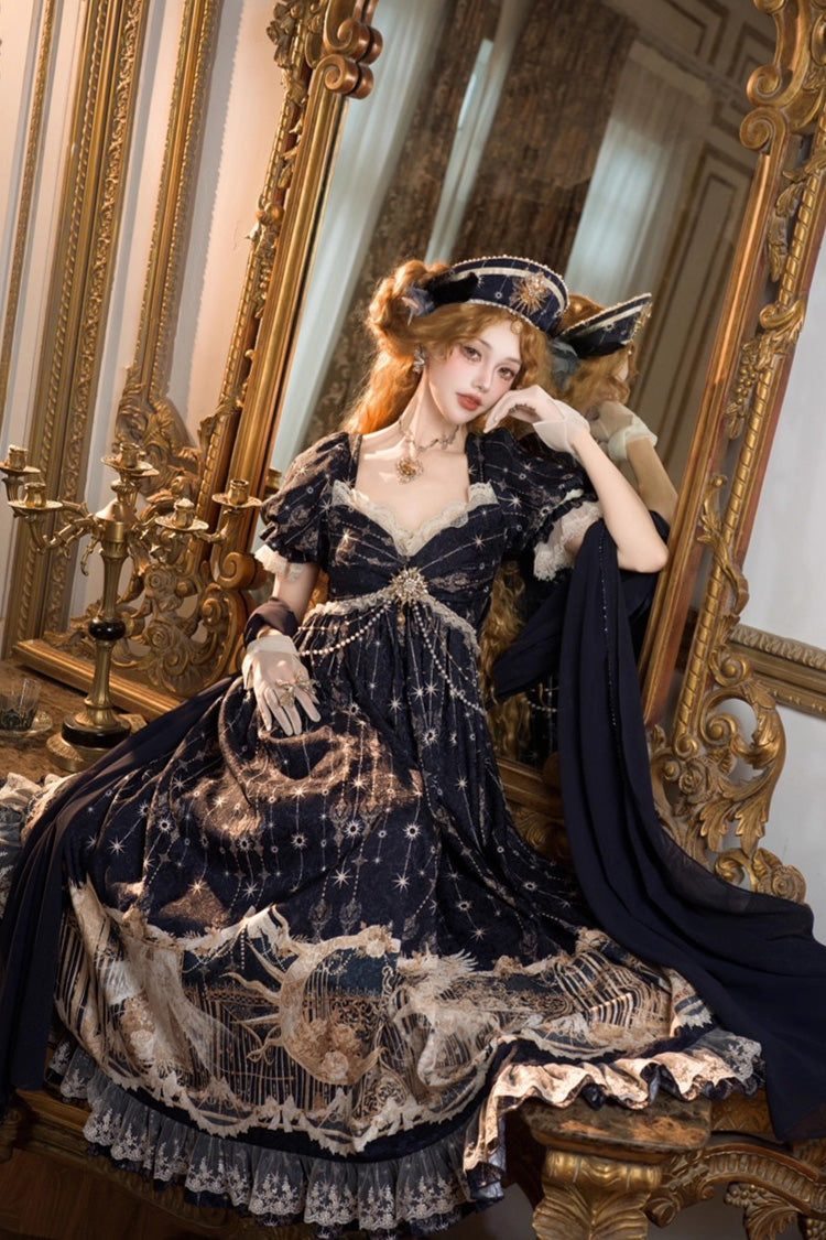 Unicorn V-Neck Short Sleeve Empire Print Bow Lace Elegant Lolita Gown