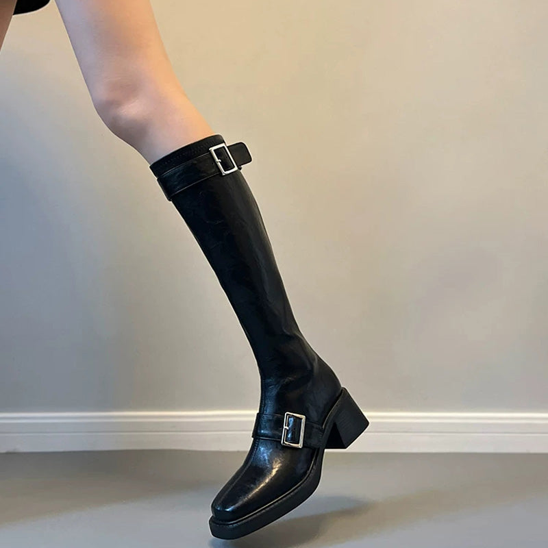 Classic Buckled Lolita Knee-High Boots - Black and Brown