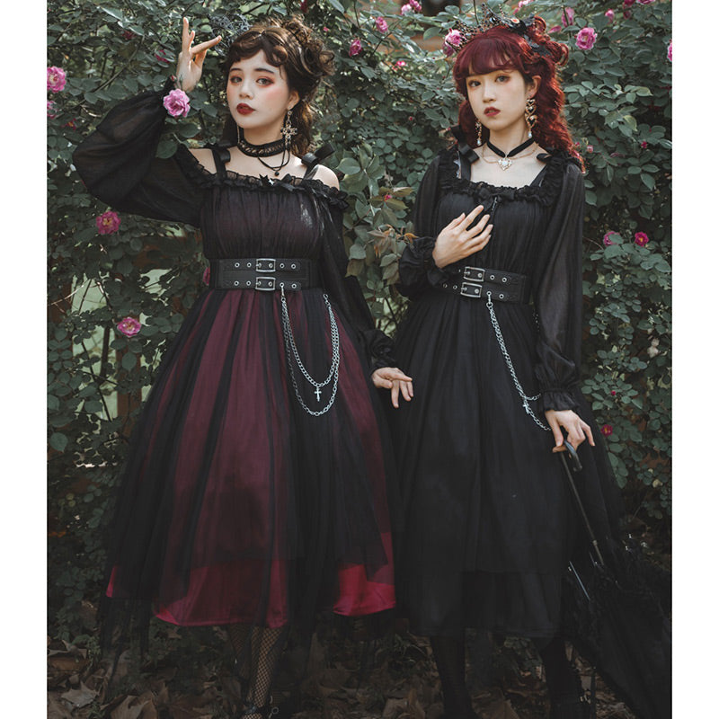 Black Chain Belt Long Sleeve Slip Lolita Dress