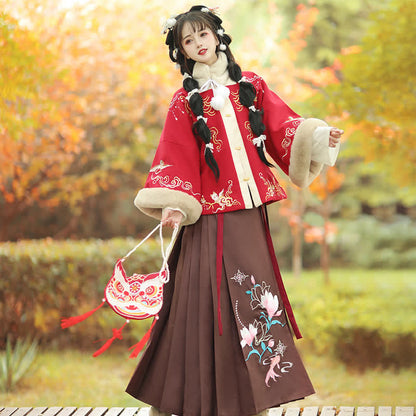 Vintage Floral Embroideried Coat Pleated Skirt Set