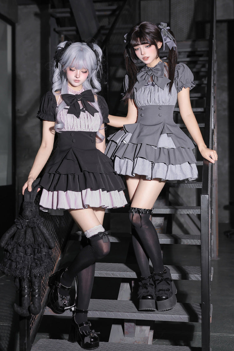 Halterneck Square Collar Ruffled Lolita Dress Set - Black/Grey