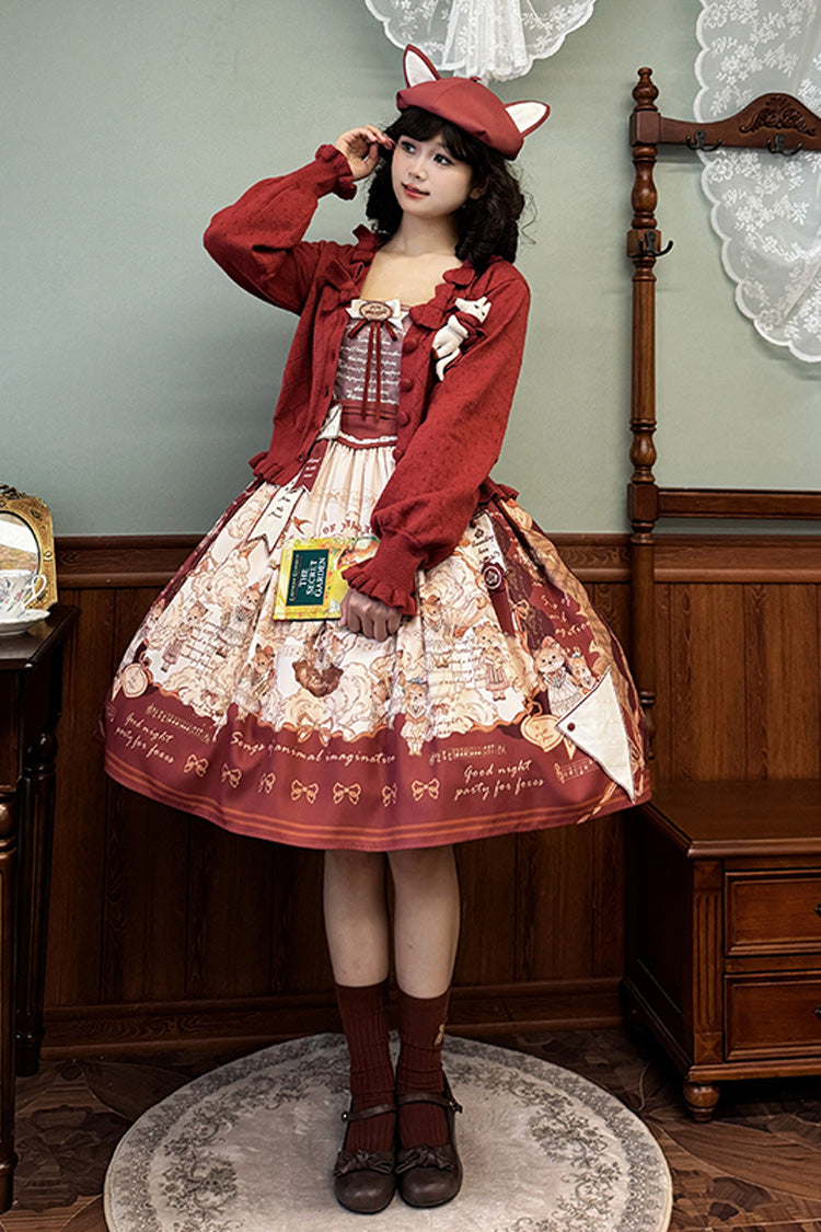 Wine Red Fox Print Square Collar Bowknot Classic Lolita Jumper