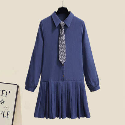 Lapel Tie Pleated Shirt Dress Rhombus Print Vest Set