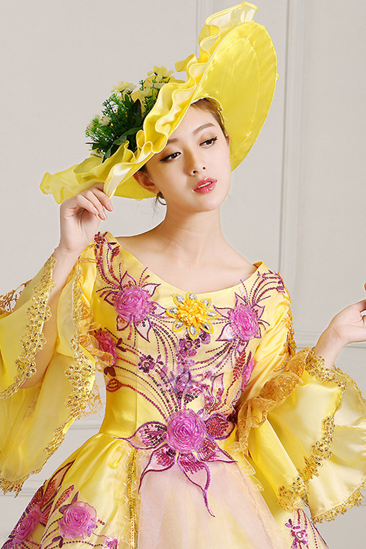 Yellow Victorian Dress with Hime Sleeves and Lace Embroidery - Altfashion Shop
