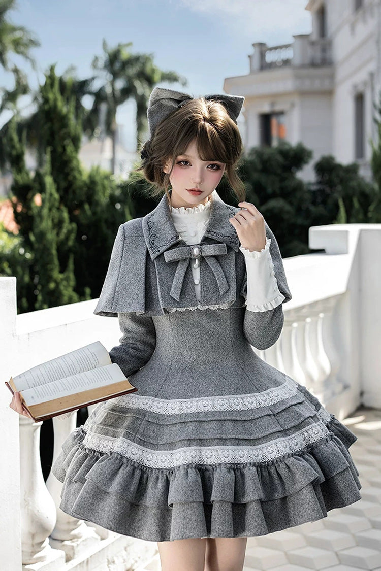 Ash Stand-Collar Ruffled Bow Lolita Gown with Poetry Motif