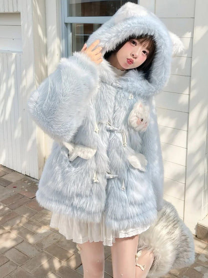 Blue Fluffy Cat Ears Hooded Faux Fur Coat Detachable Cat Plushie