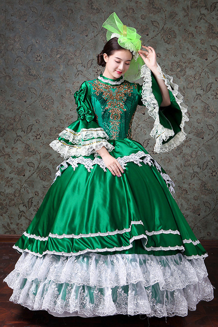 Victorian Prom Gown with Flared Sleeves, Lace, and Embroidery