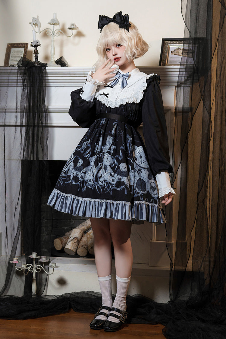 Black Bandage Bear Print Long Sleeves Ruffle Bow Lace Gothic Dress