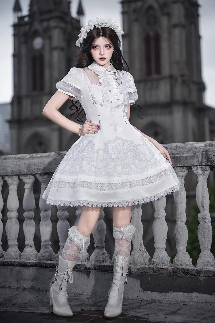 Ivory Classic Gothic Lolita Dress with Ruffled Lace and Short Sleeves