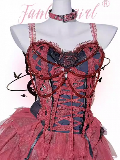 Gothic Red Black Lace Trim Corset Cami Top