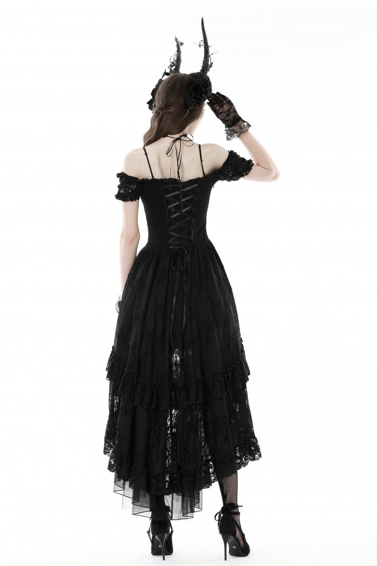 Gothic Dovetail Dress with Off-Shoulder Puff Sleeves & Lace