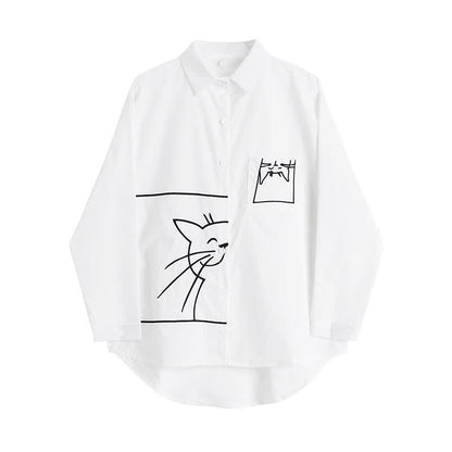 Cartoon Kitty Embroidery Pocket Loose Polo Shirt