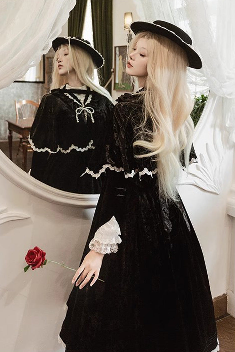 Noir Long Sleeve Ruffle Bow Lace Gothic Dress - Whispering Castle