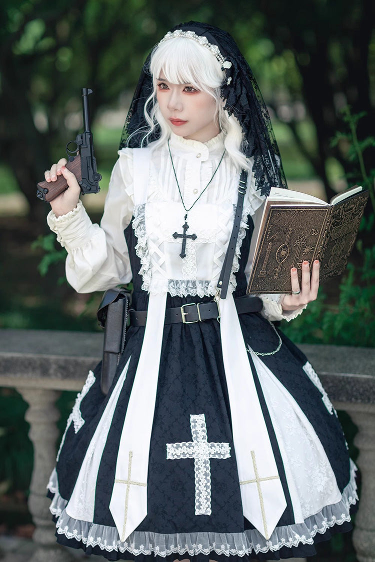 Black Gothic Lolita Dress with Cross Print and Ruffled Sleeveless