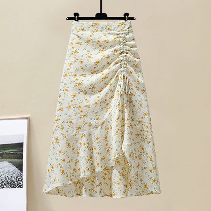 Sqaure Collar Pure Color T-Shirt Floral Print Skirt Set