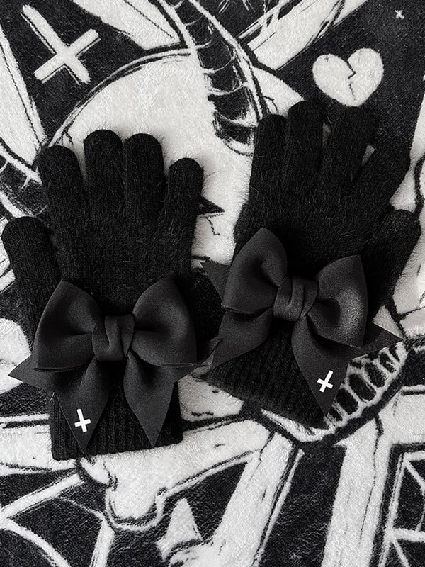 Bowknot Print Gloves at Gothic Black Finger Details With Pads White Cutout Cross