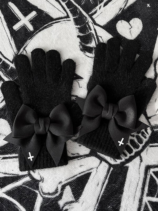 Bowknot Print Gloves at Gothic Black Finger Details With Pads White Cutout Cross