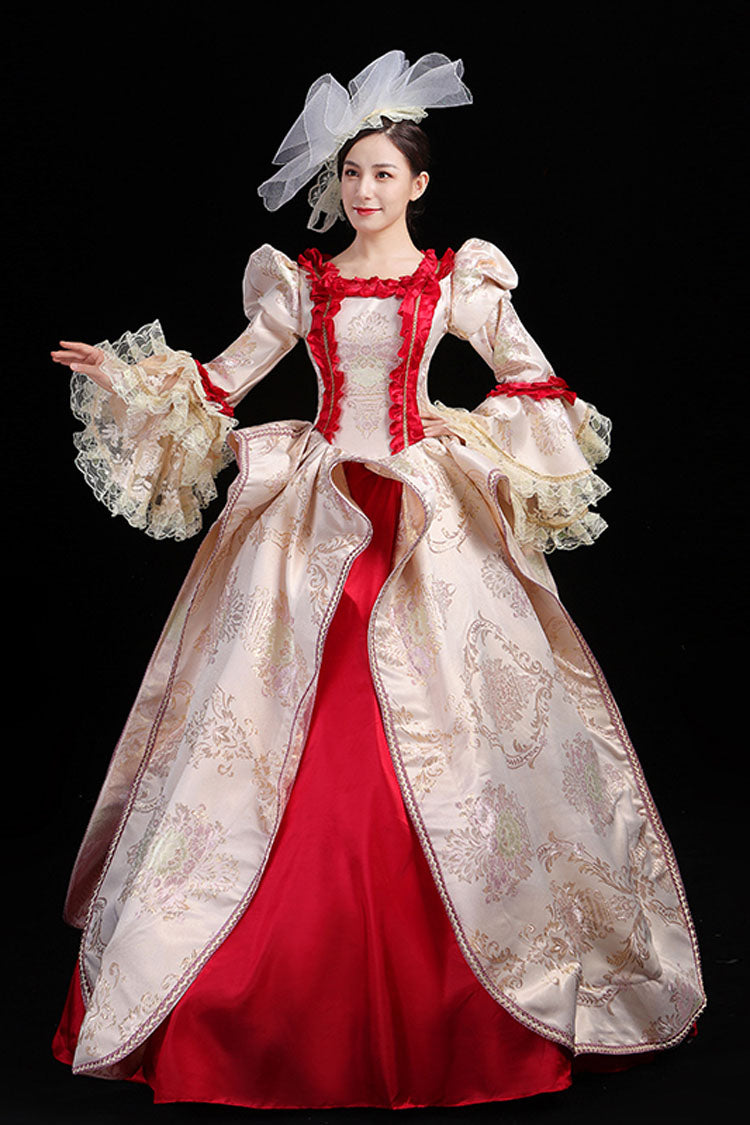 Wine Gown with Golden Stitching and Floral Embroidery - Victorian Lolita