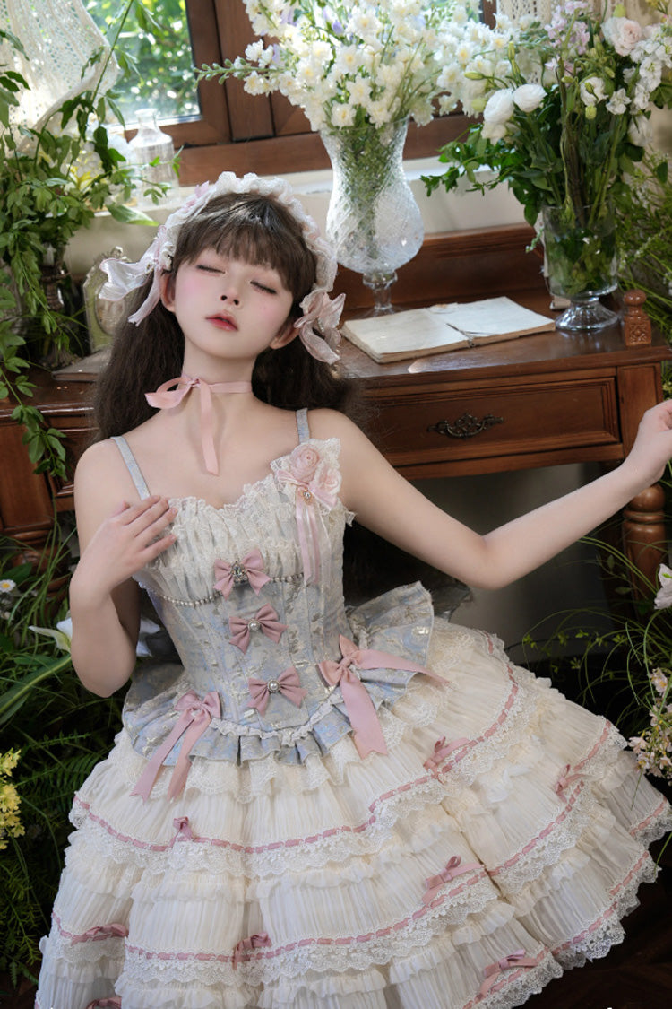 Sea Salt Souffle Sleeveless Multi-Tier Bow Lace Ballet Lolita Jumper Dress