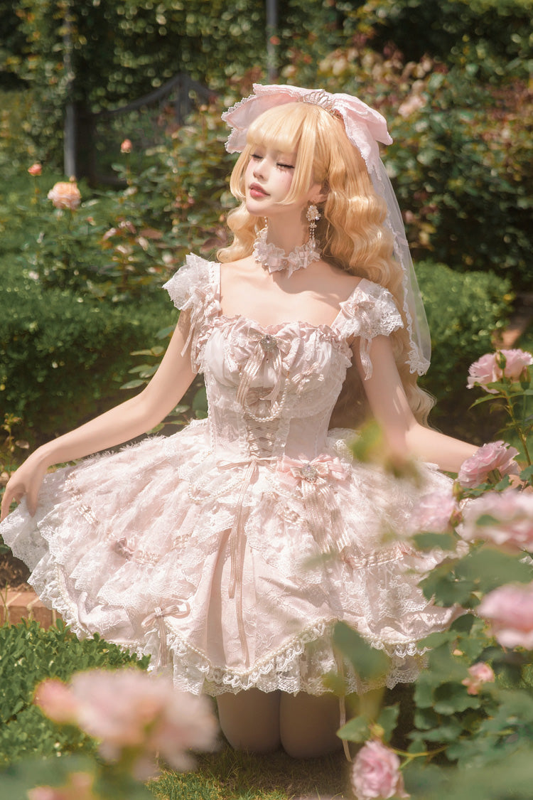 Pink [Anna’s Ball] Square Collar Ruffled Hanayome Bow Lace Sweet Princess Ballet Lolita Jsk Dress