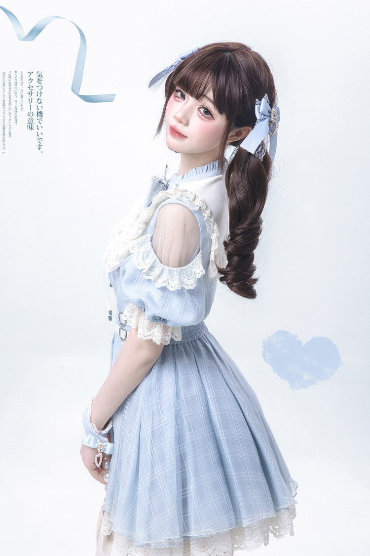 Blue/Aqua Short Sleeves Plaid Printed Ruffled Lace Sweet Jirai Kei Japanese Lolita Dress