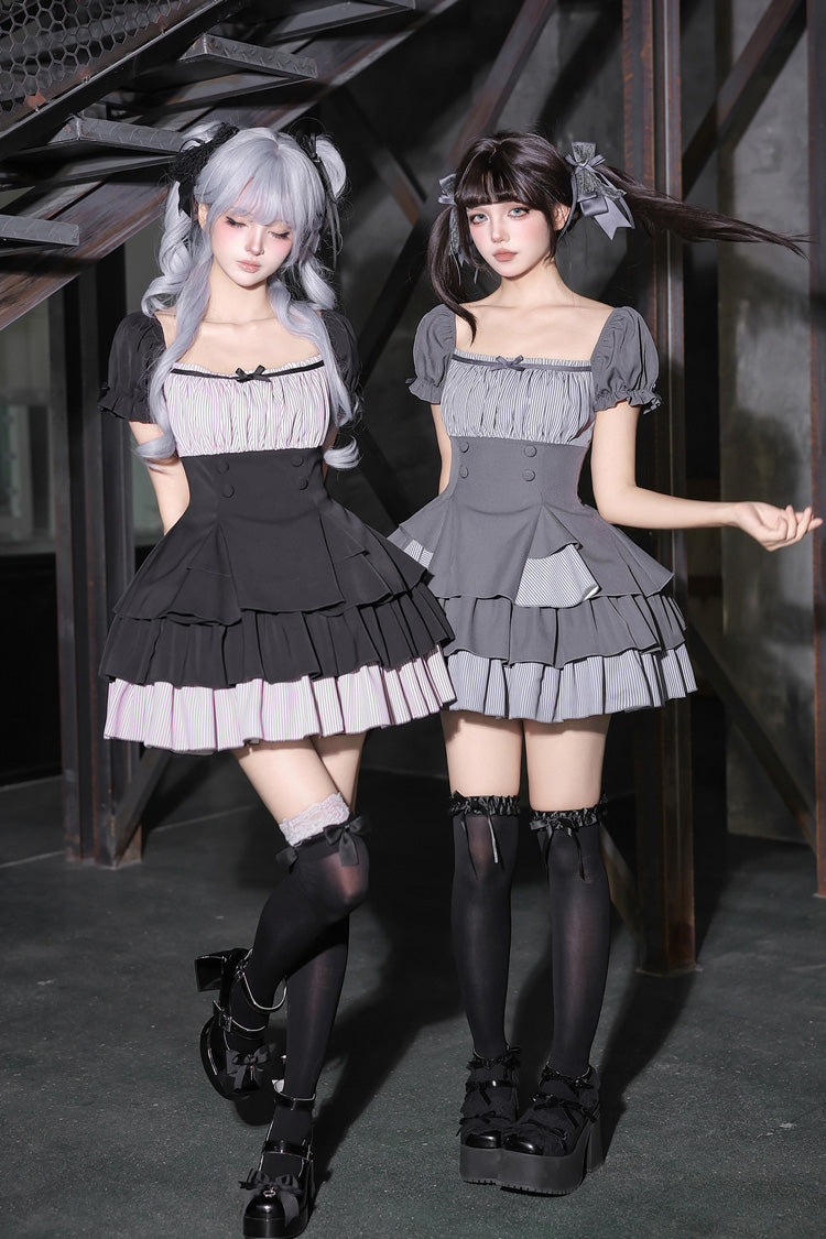 Halterneck Square Collar Ruffled Lolita Dress Set - Black/Grey