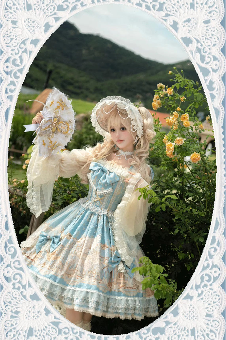 Unicorn Print Sleeveless Multi-Layer Embroidery Bow Lace Sweet Lolita Jumper Gown