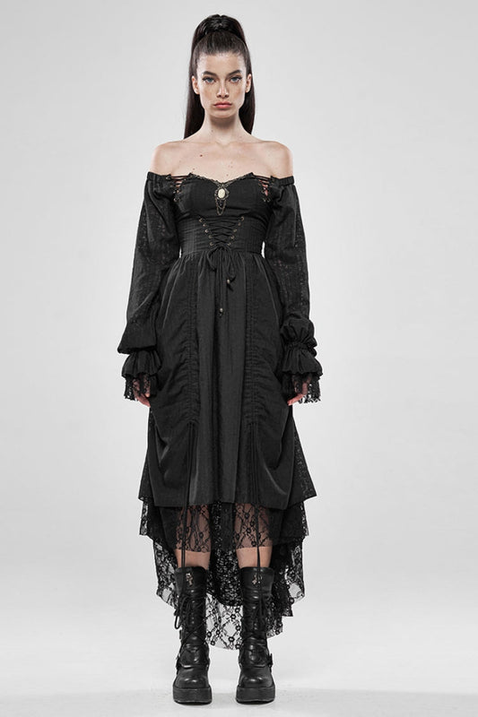 Black Off-Shoulder Long Puff Sleeves Ruffle Mesh Gothic Gown