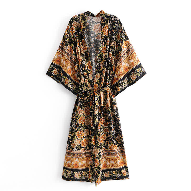 Boho Beach Print Belt Robe Long Cardigan Outerwear