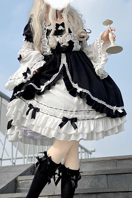 Monochrome Sweet Lolita OP Dress with Detachable Trumpet Sleeves and High Waist