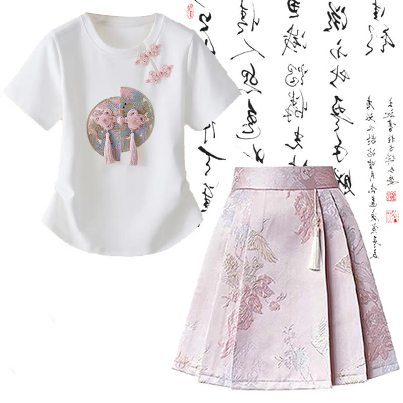 Sweet Print T-Shirt High Waist Pleated Skirt