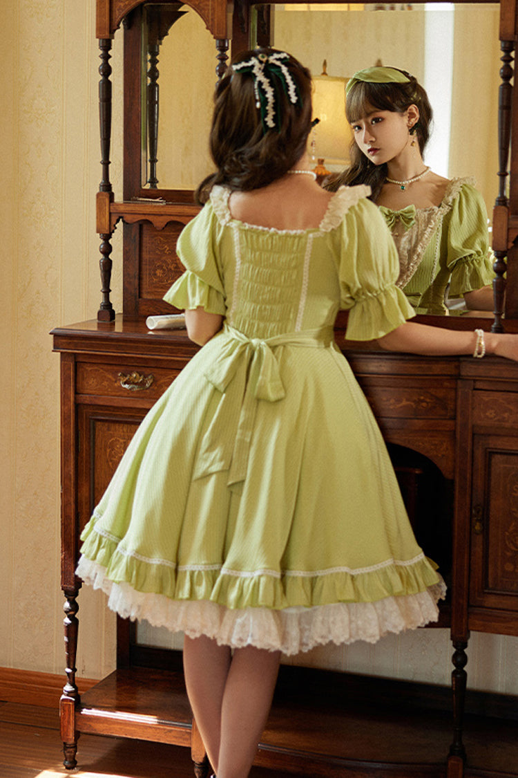 Solid Color Short-Sleeved Ruffled Bowknot Sweet OP