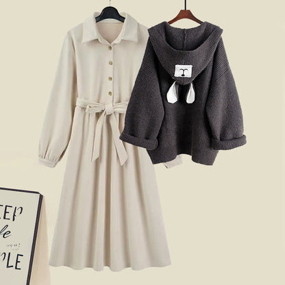 Bear Ears Hooded Cardigan Sweater Belted Lapel Dress