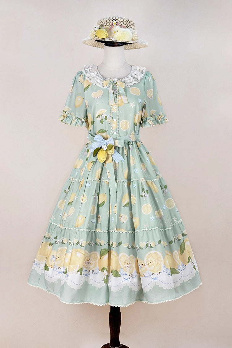 Verdant Short Sleeve Printed Ruffle Bow Lace Daily Sweet Dress - Lemon Chicken