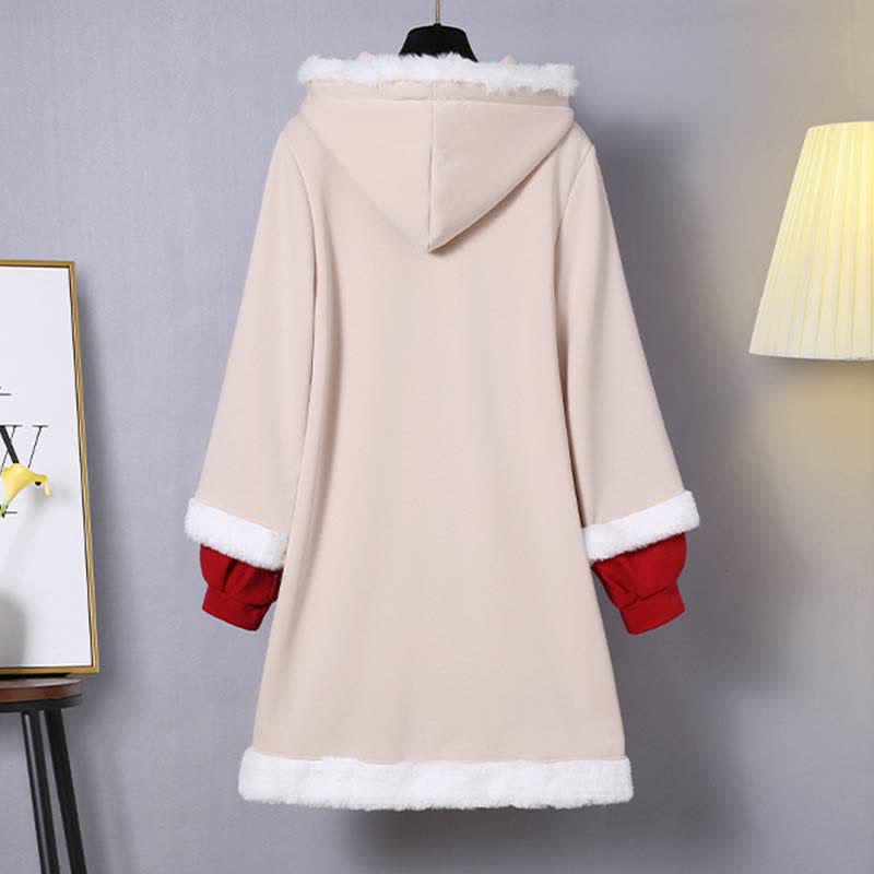 Vintage Fox Embroidery Buckle Plush Hooded Sweatshirt Dress