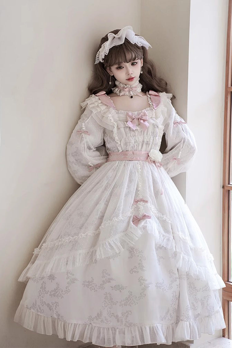 Ivory Rose Print Dress with Bowknot - Princess Lolita