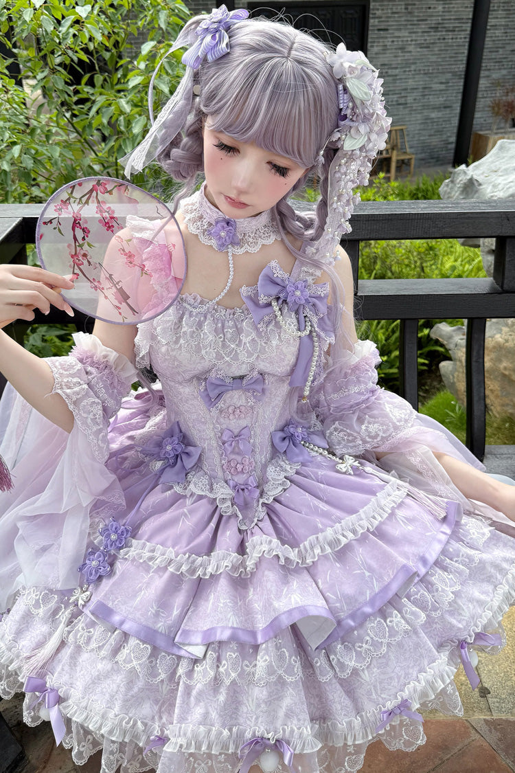 Purple [Prelude of Spring Cherry] Square Collar Sleeveless Multi-Layered Jacquard Ruffled Bow Lace Pearl-Decorated Sweet Lolita Jsk Dress