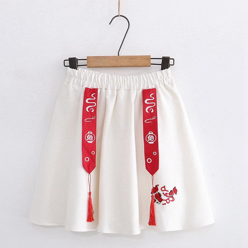 Fish Embroidery Tassels A-line Skirt