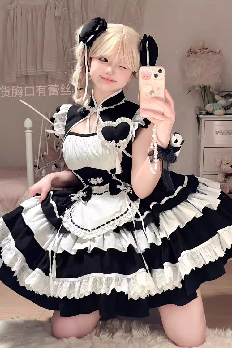 Black and White Layered Ruffle Cheongsam Maid Dress - Gothic Fusion