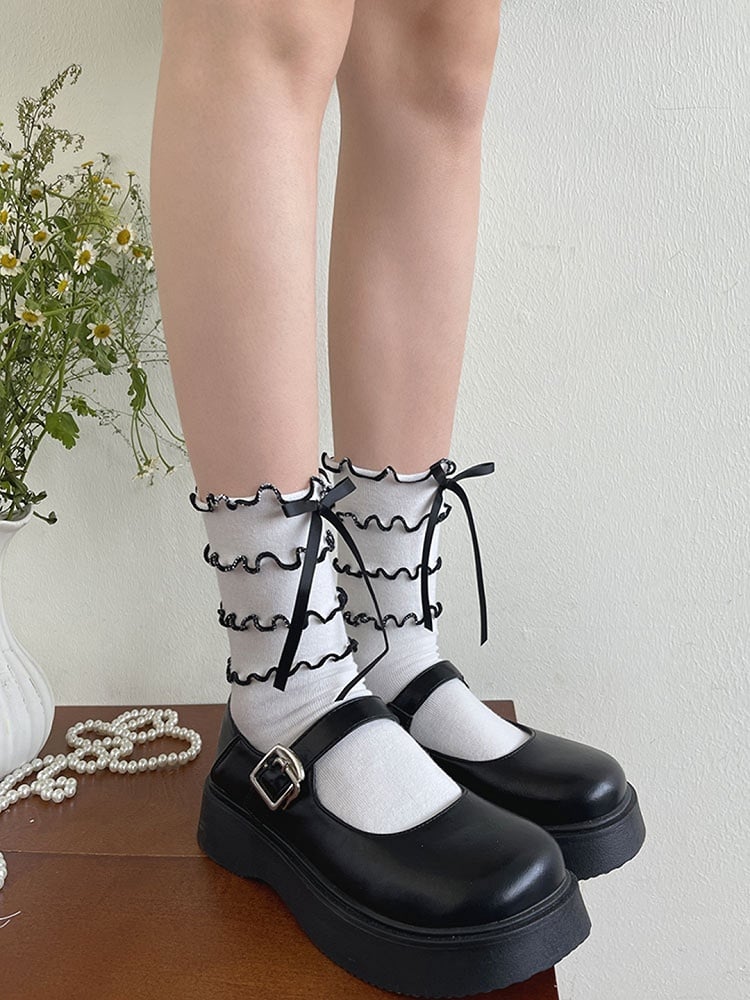 With Ruffle Bowknot Socks Calf Tiered White Black Trims