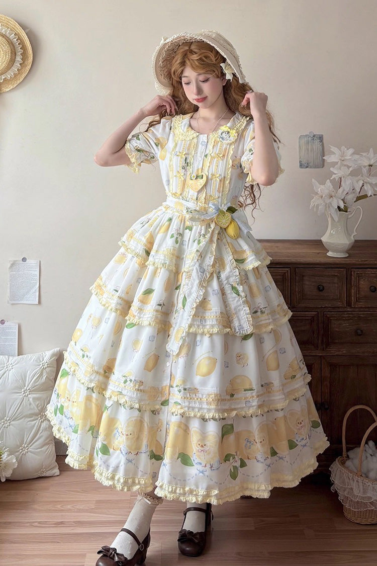 Triple-Layered Print Ruffled Bow Lace Sweet Gorgeous Lolita Dress - White Lemon Chicken