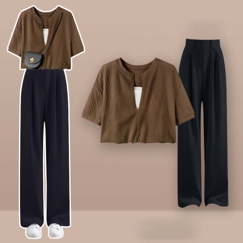 Fake Two Pieces Crop Top T-Shirt Casual Pants Set